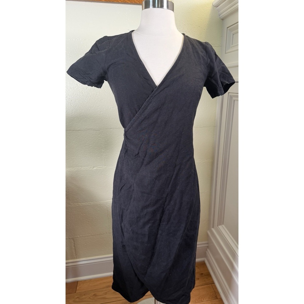 Huffer Lennox Wrap Dress Black Ramie Viscose Short Sleeve V Neck Women's Size 6